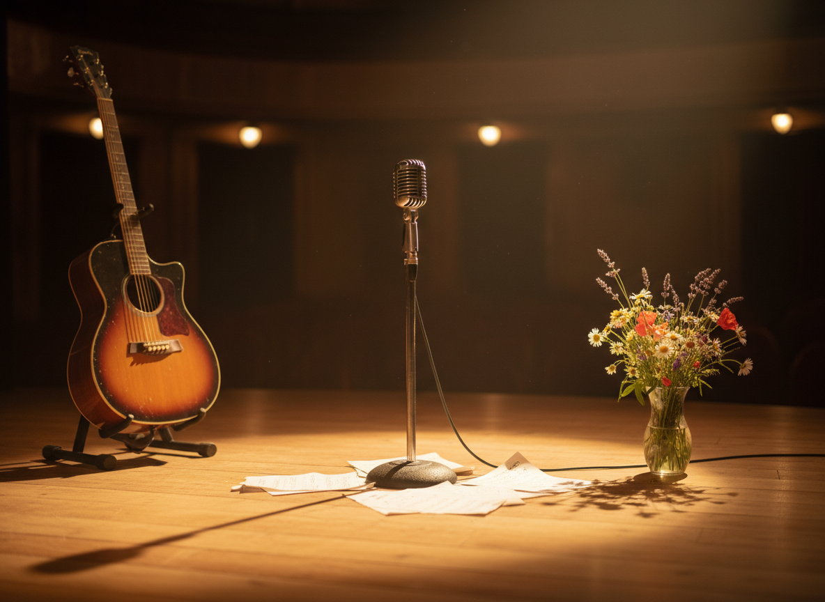 A luminous wooden stage set in a dark, intimate theater, where a single vintage microphone on a slender chrome stand becomes the focal point. Around it, scattered sheet music, a well-worn acoustic guitar resting on a stand, and a small vase of wildflowers evoke an artist’s world rooted in music and nature. Soft golden hour light pours in from an unseen side window, catching dust motes in the air and creating gentle halos on polished wood. Photographic realism with a shallow depth of field keeps the microphone in crisp focus while the background melts into a warm bokeh, conveying a soulful, anticipatory atmosphere of creativity about to be shared.