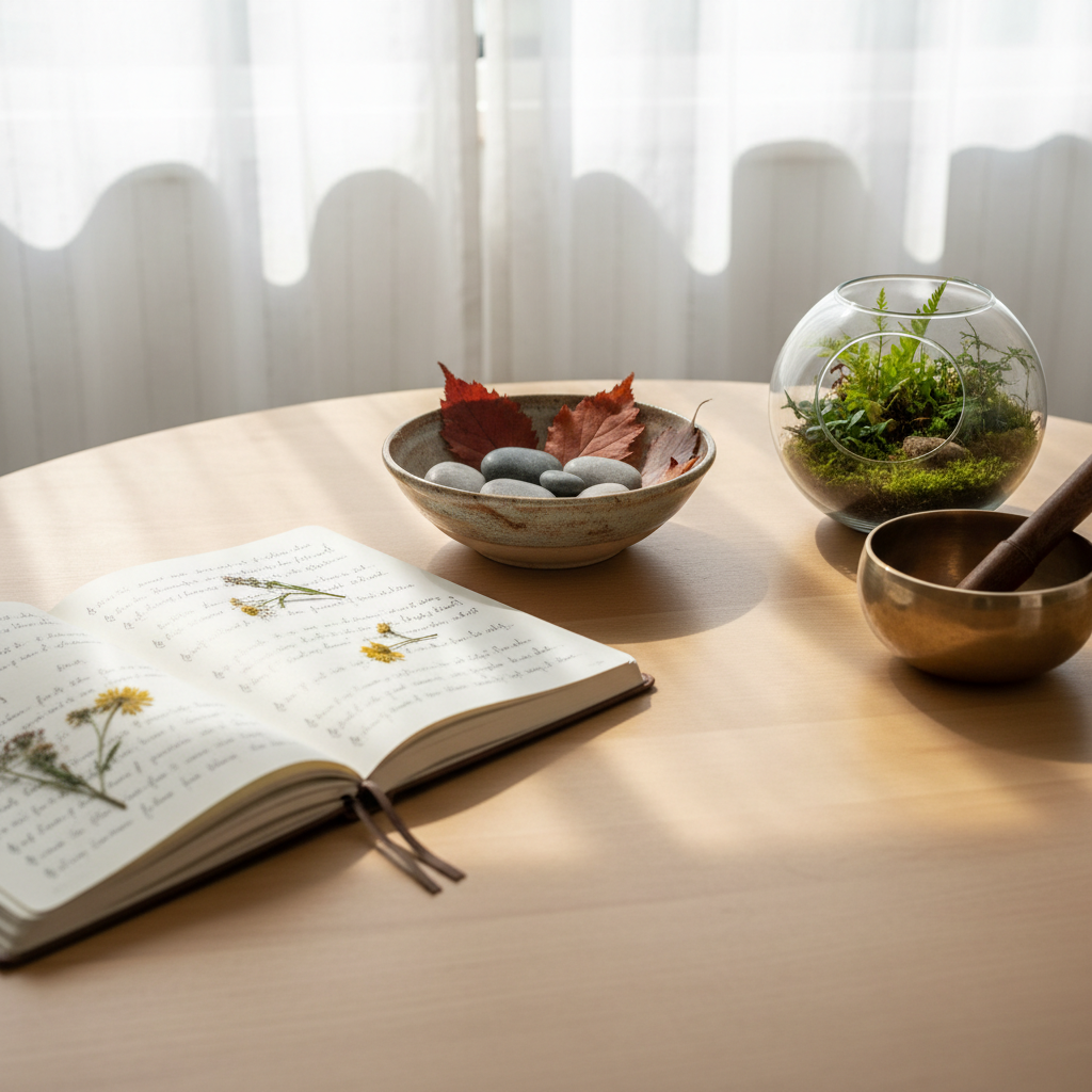 A minimalist creative studio altar arranged on a smooth, light-wood table: an open linen-bound notebook filled with elegant handwritten lyrics, beside a handcrafted ceramic bowl holding river stones and pressed leaves. A small, moss-lined glass terrarium and a delicate brass singing bowl add layers of texture and symbolism. Soft daylight filters through sheer curtains, creating diffused, luminous reflections on the notebook pages and gentle shadows from the plants. Shot at eye level in photographic realism, with a rule-of-thirds composition that highlights the balance between art and nature. The mood is grounded, introspective, and quietly radiant, suggesting an eco-creative storyteller’s inner sanctuary for inspiration and healing.