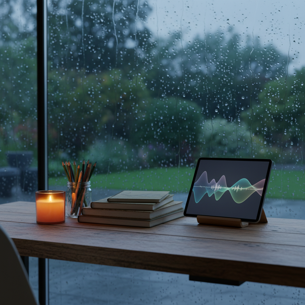 A storytelling workspace at twilight featuring a large, reclaimed-wood desk near a floor-to-ceiling window that looks out onto a lush, rain-kissed garden. On the desk sit a softly glowing amber glass candle, a stack of eco-friendly sketchbooks, colored pencils arranged in a recycled glass jar, and a tablet displaying an abstract waveform of sound. The outside world is blurred into a wash of greens and blues by raindrops on the glass. Gentle, cool-blue evening light mixes with the candle’s warm glow, creating a balanced, contemplative mood. Captured at a slightly low angle in photographic realism with a medium depth of field, the scene feels intimate, grounded, and gently luminous, perfect for an eco-creative visionary weaving new projects.