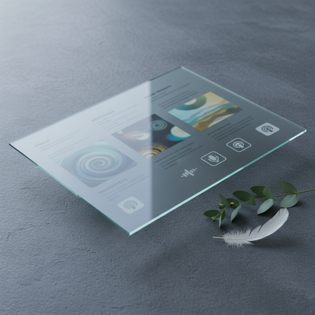 A polished media feature layout displayed on a floating, frameless glass panel that appears to hover above a slate-gray stone surface. On the panel, blurred yet recognizable blocks of text, abstract album covers, and podcast icons hint at press, interviews, and music releases without using any legible words or faces. A sprig of eucalyptus and a single white feather rest on the stone, adding organic, symbolic elements of cleansing and lightness. Cool, diffused studio lighting creates subtle reflections on the glass and emphasizes clean edges. Shot from a three-quarter overhead view in photographic realism with sharp focus and a modern, sophisticated aesthetic, the atmosphere feels luminous, credible, and calmly confident.