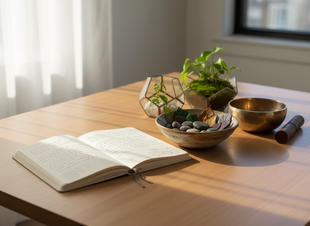 A minimalist creative studio altar arranged on a smooth, light-wood table: an open linen-bound notebook filled with elegant handwritten lyrics, beside a handcrafted ceramic bowl holding river stones and pressed leaves. A small, moss-lined glass terrarium and a delicate brass singing bowl add layers of texture and symbolism. Soft daylight filters through sheer curtains, creating diffused, luminous reflections on the notebook pages and gentle shadows from the plants. Shot at eye level in photographic realism, with a rule-of-thirds composition that highlights the balance between art and nature. The mood is grounded, introspective, and quietly radiant, suggesting an eco-creative storyteller’s inner sanctuary for inspiration and healing.